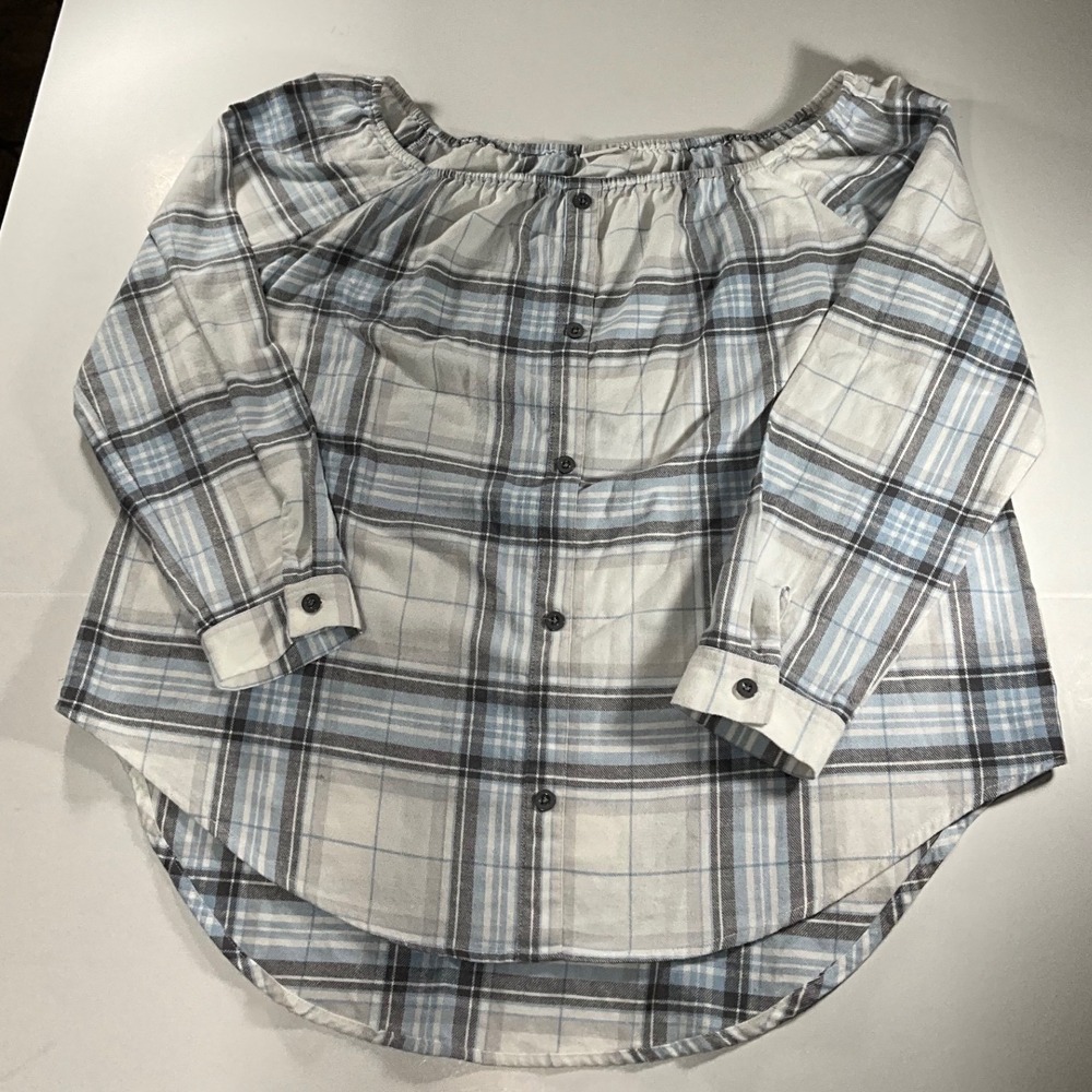 Lascana Womens Blue White Plaid Off Shoulder Button Down Top Size 14 Cotton